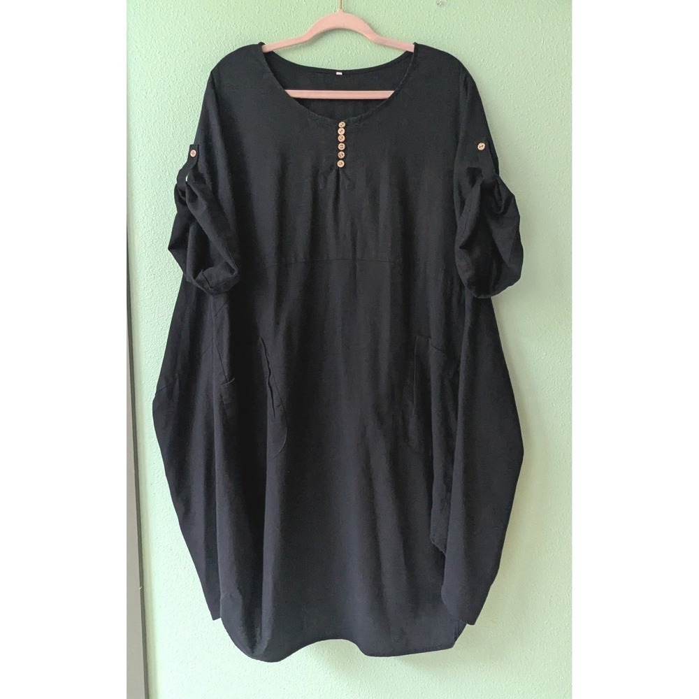 Unbranded Black Lagenlook Cotton Linen Midi Dress 2XL Minimalist Pocketed Boho